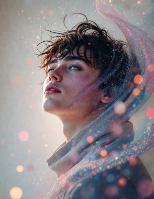 The primary subject of the image is a young man with long hair, who is wearing a scarf. He is looking upward, possibly at the sky or a light source. The setting appears to be an outdoor environment, with a backdrop of a colorful, swirling pattern. The visual style of the image is a combination of photo and digital art, creating a unique and artistic representation of the young man. The colors and mood of the image are vibrant and lively, with the swirling pattern